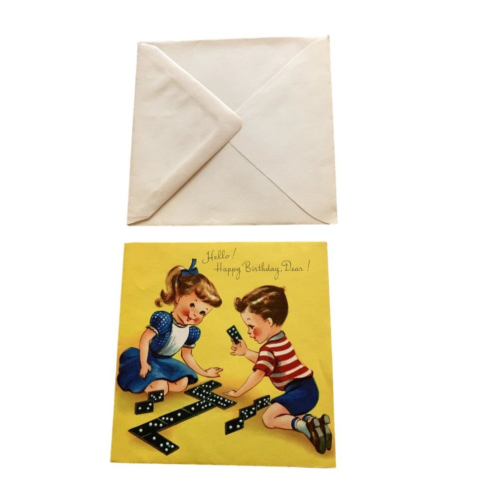 Vintage Child's Birthday Card Two Children Playing Dominoes UNUSED